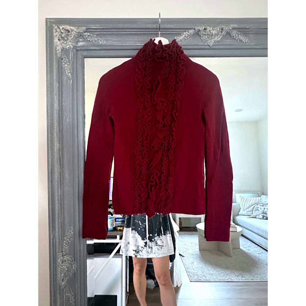 DKNY Wool Burgundy Ruffle Mock Neck Cashmere Sweater Victorian Edwardian XS